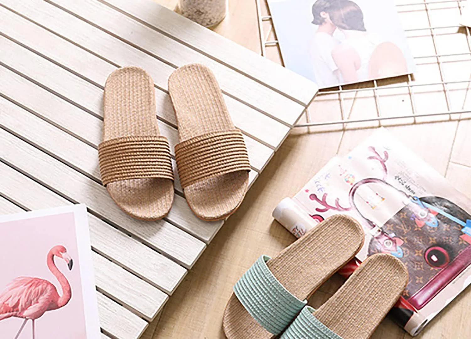 Flat bottom slippers Beach non-slip linen shoes Comfortable indoor shoes Open flip-flops