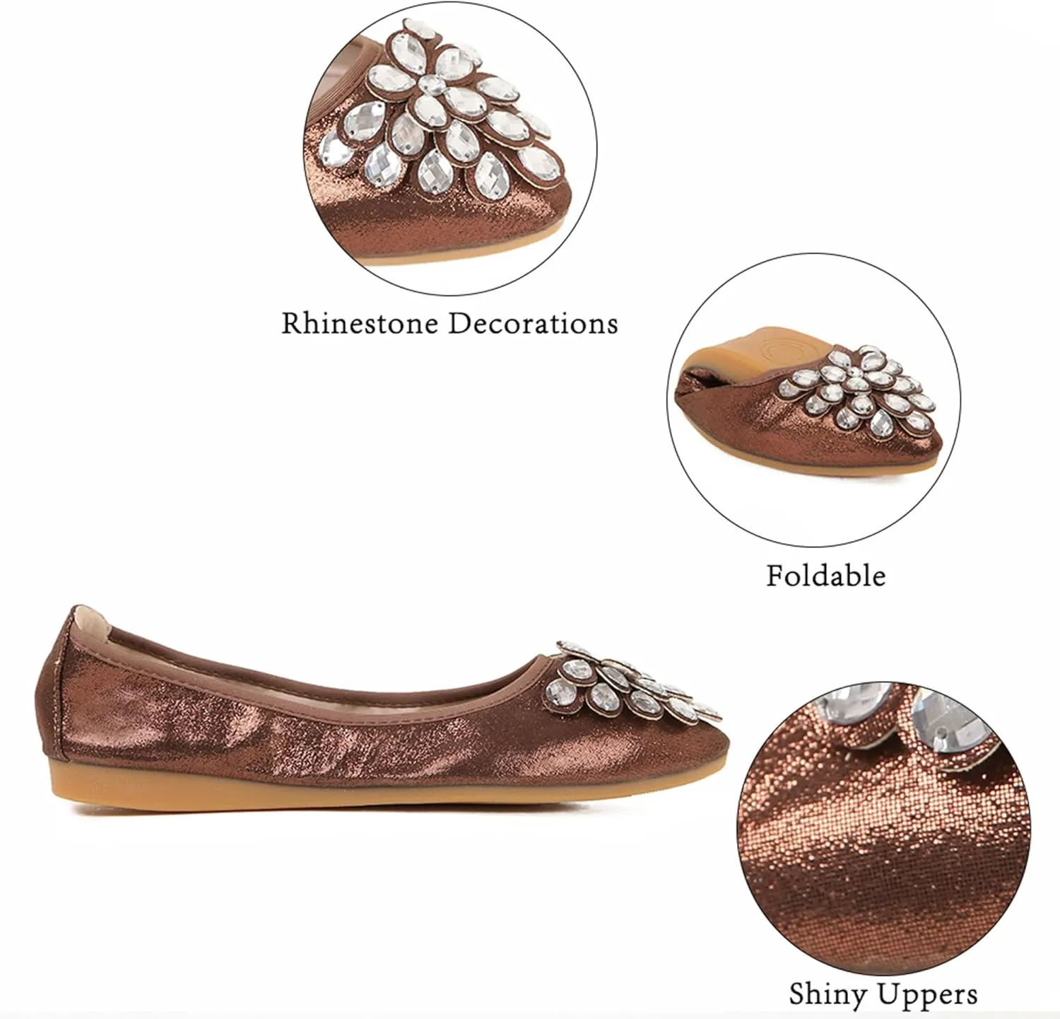 Flats Shoes for Women Rhinestone Wedding Ballerina Shoes Foldable Sparkly Comfort Slip on Flat Dressy Flats