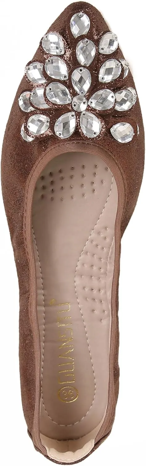 Flats Shoes for Women Rhinestone Wedding Ballerina Shoes Foldable Sparkly Comfort Slip on Flat Dressy Flats