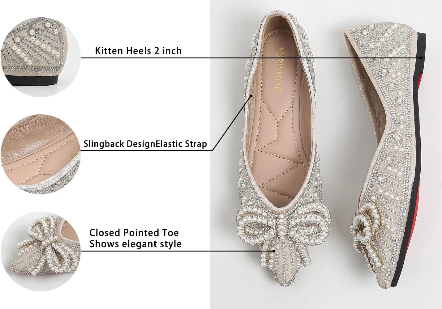 Flats Shoes Women Rhinestone Wedding Flats Pointed Toe Ballet Flat Shoe Low Heel Dress Shoes Sparkly Flats for Women