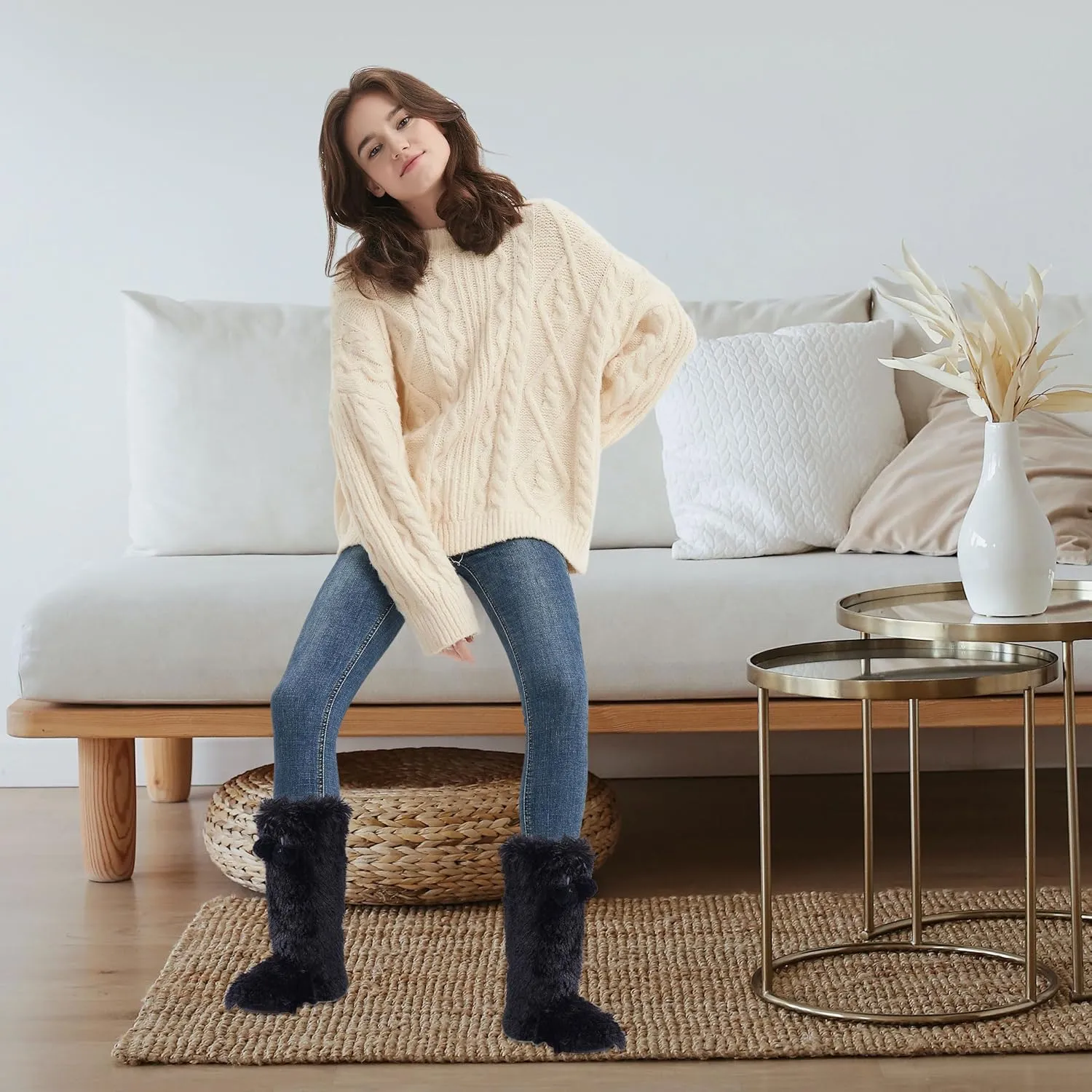 Forfoot Slipper Boots, Cozy Indoor Booties for Women Fluffy Comfortable House Shoes Fuzzy Anti-Slip Boots Winter