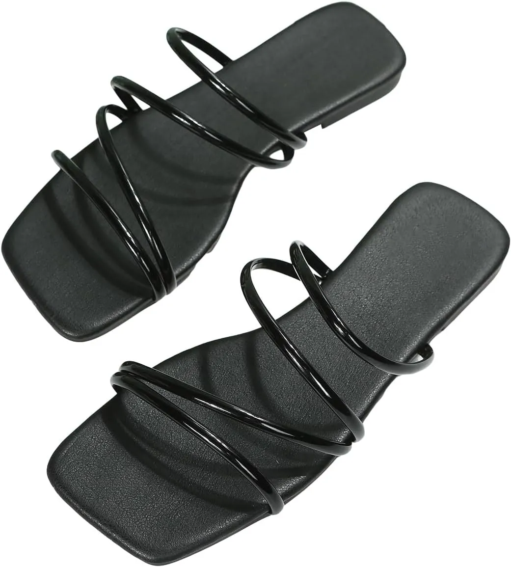GORGLITTER Women's Strappy Flat Sandals Cute Dressy Open Toe Slip on Slide Sandals