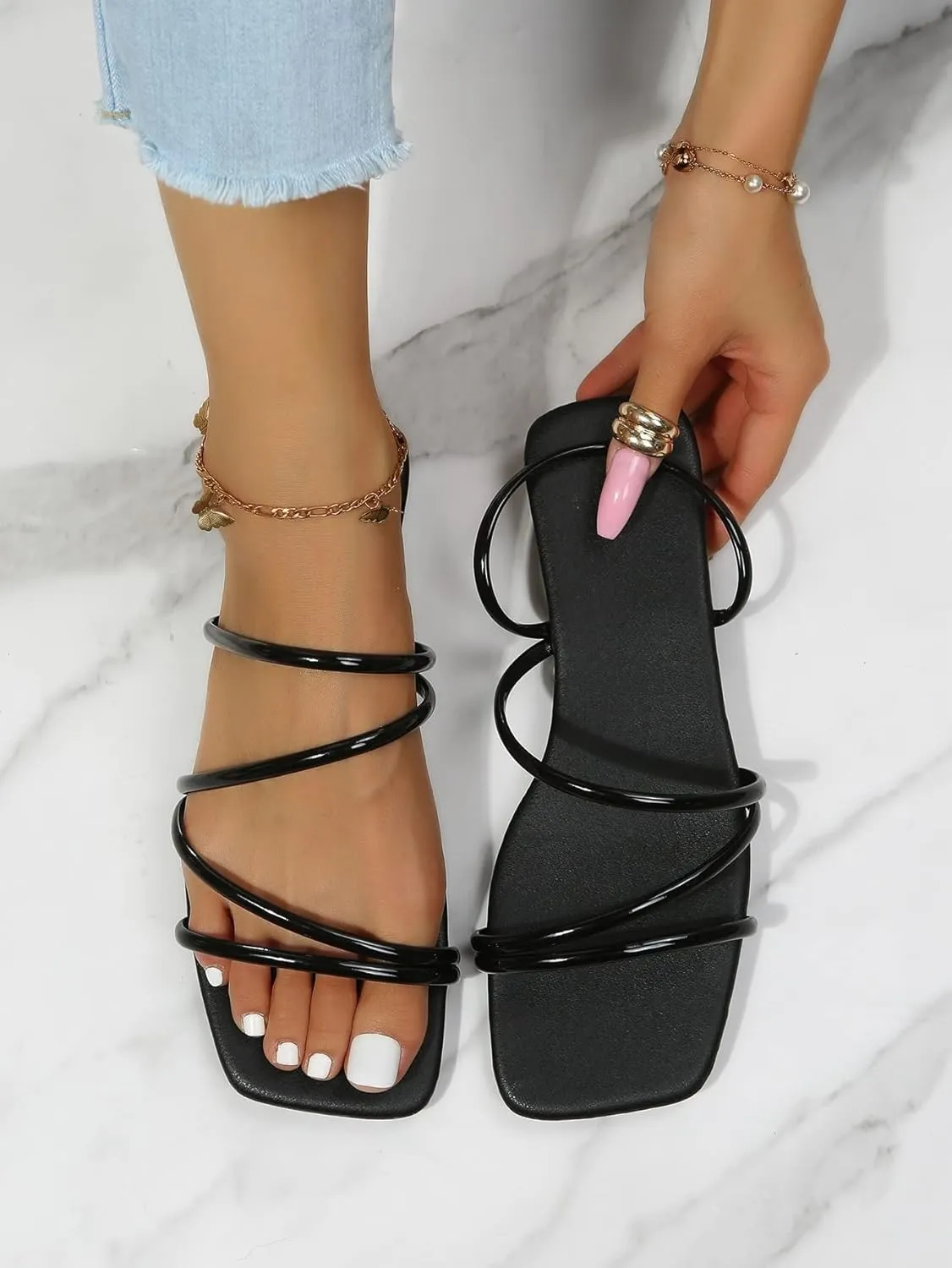 GORGLITTER Women's Strappy Flat Sandals Cute Dressy Open Toe Slip on Slide Sandals