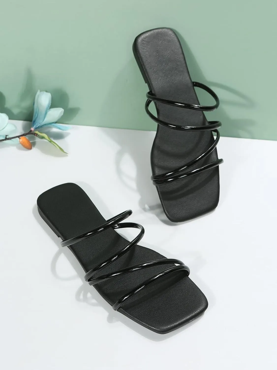 GORGLITTER Women's Strappy Flat Sandals Cute Dressy Open Toe Slip on Slide Sandals