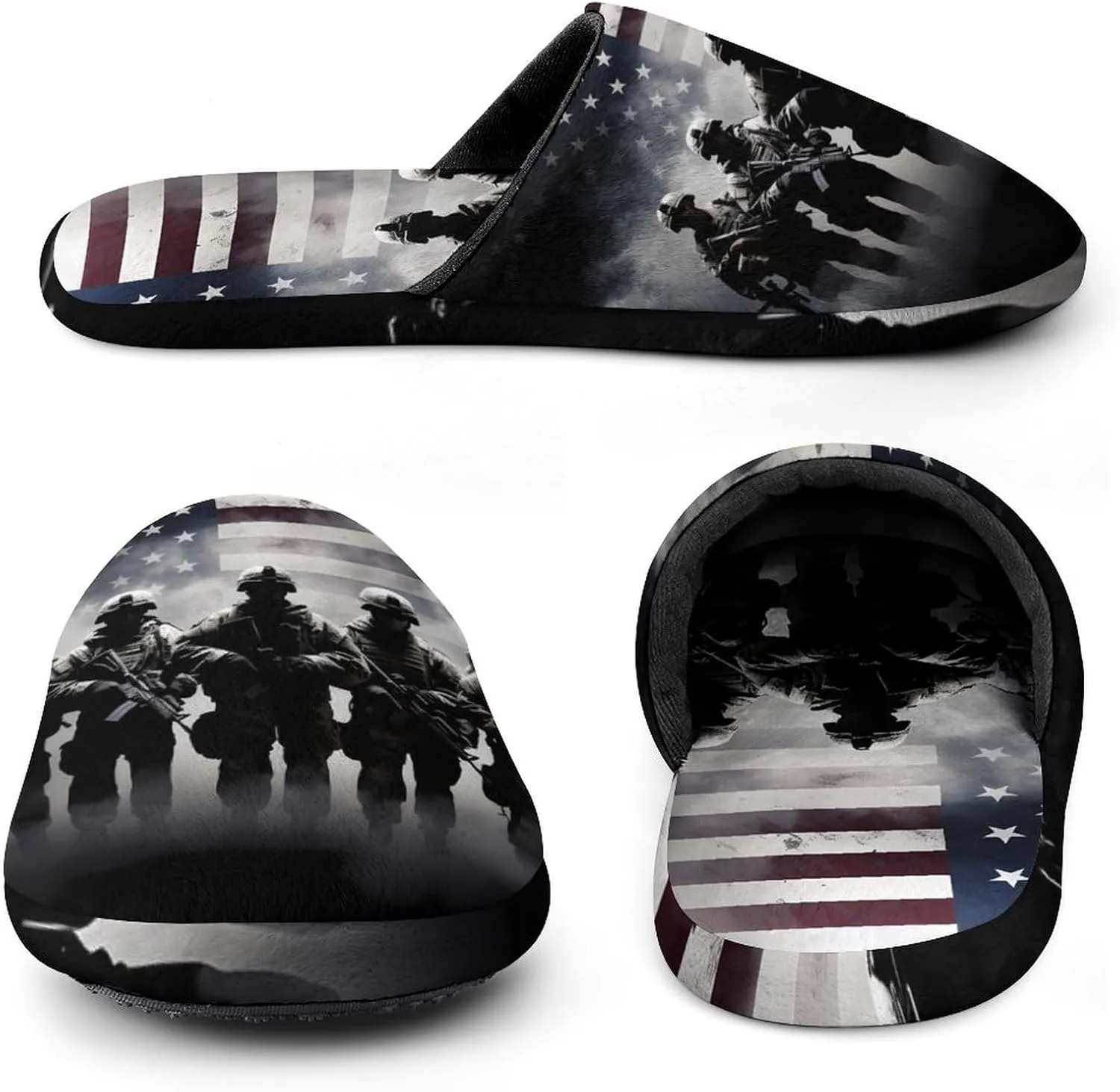 Grunge American Army Soldiers with Flag Men's Cotton Slippers House Shoes Soft Bedroom Slippers Non-Slip Sole Shoes