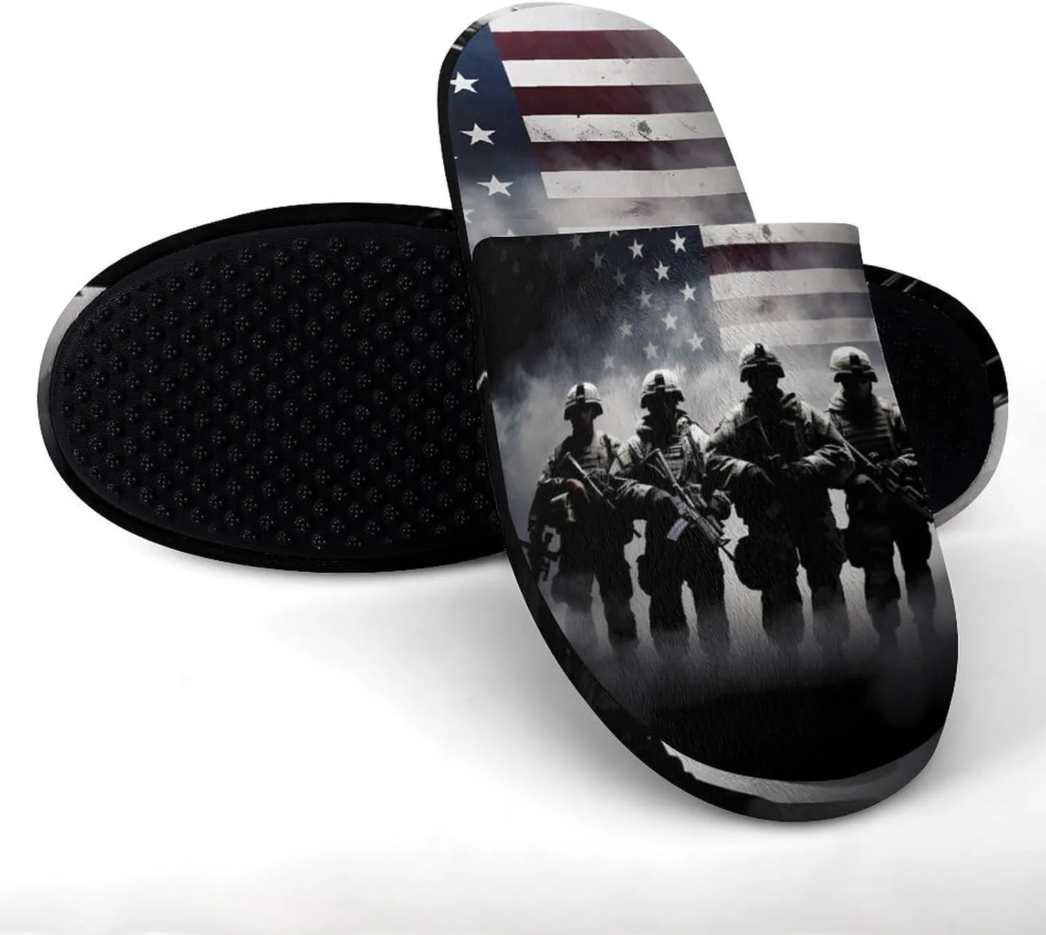 Grunge American Army Soldiers with Flag Men's Cotton Slippers House Shoes Soft Bedroom Slippers Non-Slip Sole Shoes