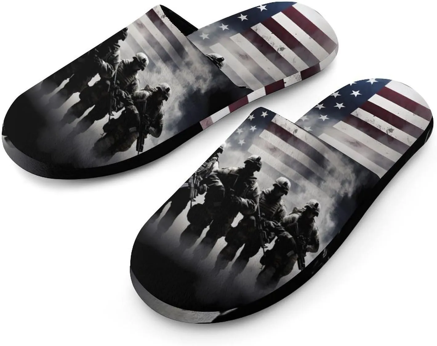 Grunge American Army Soldiers with Flag Men's Cotton Slippers House Shoes Soft Bedroom Slippers Non-Slip Sole Shoes