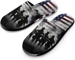 Grunge American Army Soldiers with Flag Men's Cotton Slippers House Shoes Soft Bedroom Slippers Non-Slip Sole Shoes
