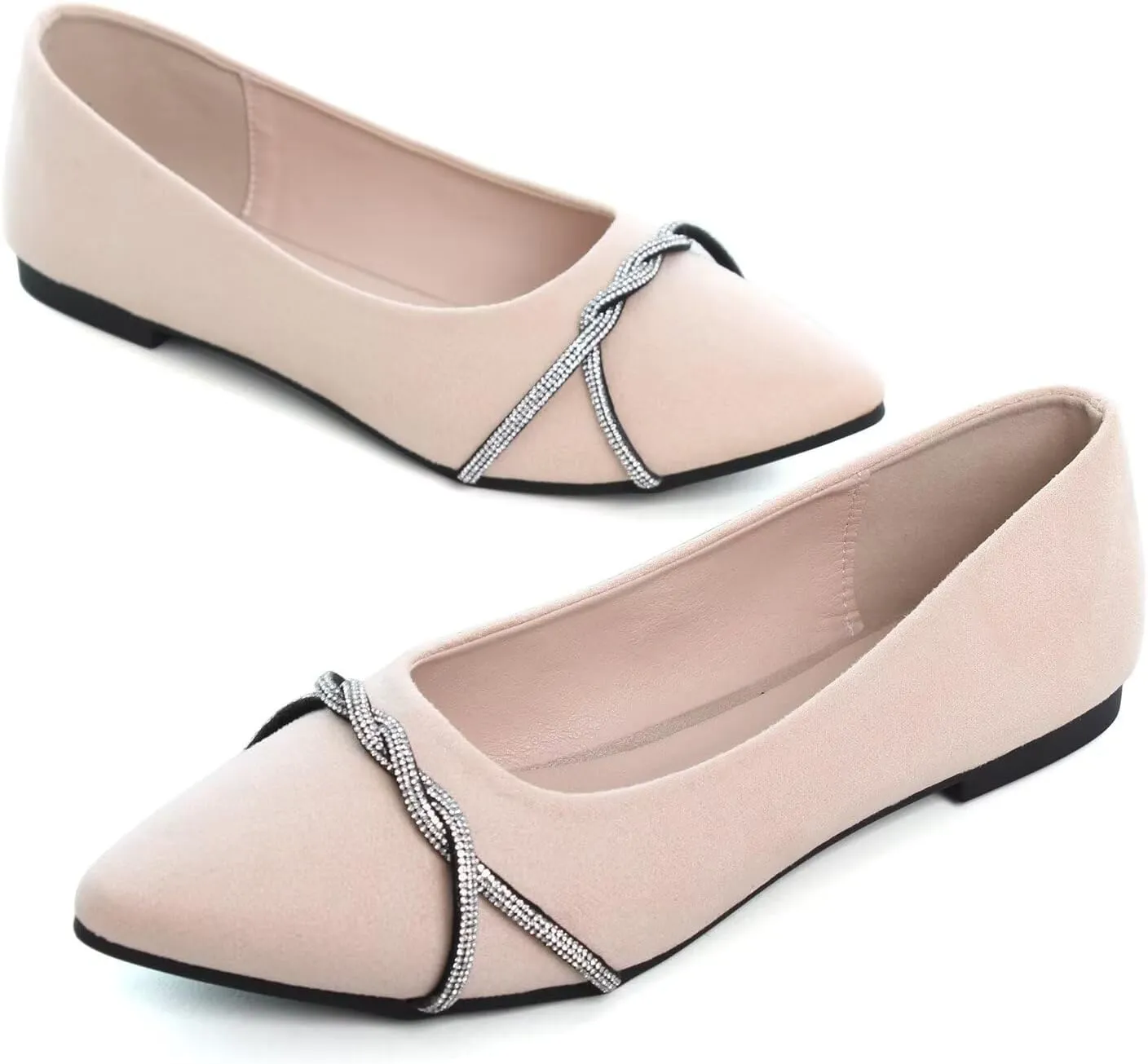 Hee grand Pointed Toe Ballet Flats for Women Suede Rhinestones Chains Black Dress Shoes Comfort Slip-On Loafers