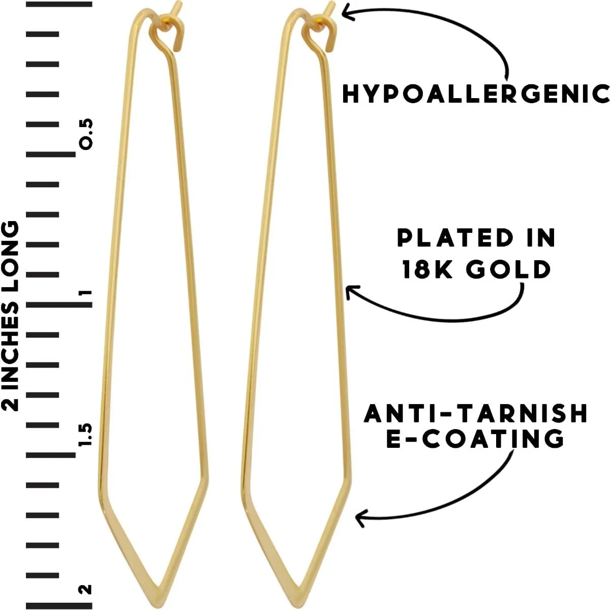 Humble Chic Geometric Chevron Threader Hoop Earrings - Lightweight Cutout Thin Wire Drop Dangles, 18K Yellow - 2 inch