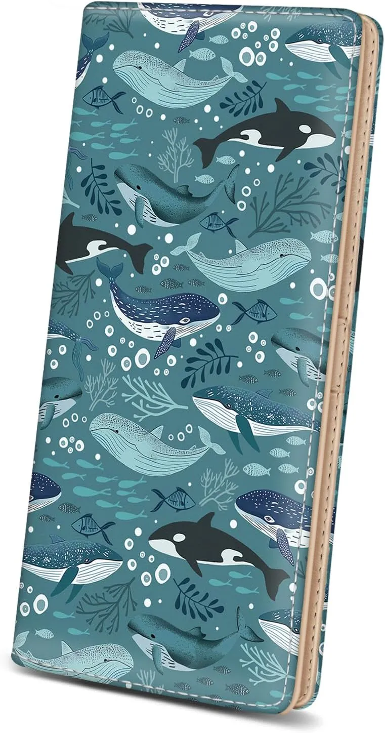 Immaturus Womens Wallet, Dolphins Whales Slim Thin RFID Blocking Credit Card Wallets, Long Bifold PU Leather Card Holder Organizer, Cute Cash Clutch Billfold with Zipper Coin Pocket Ladies Girls Gift