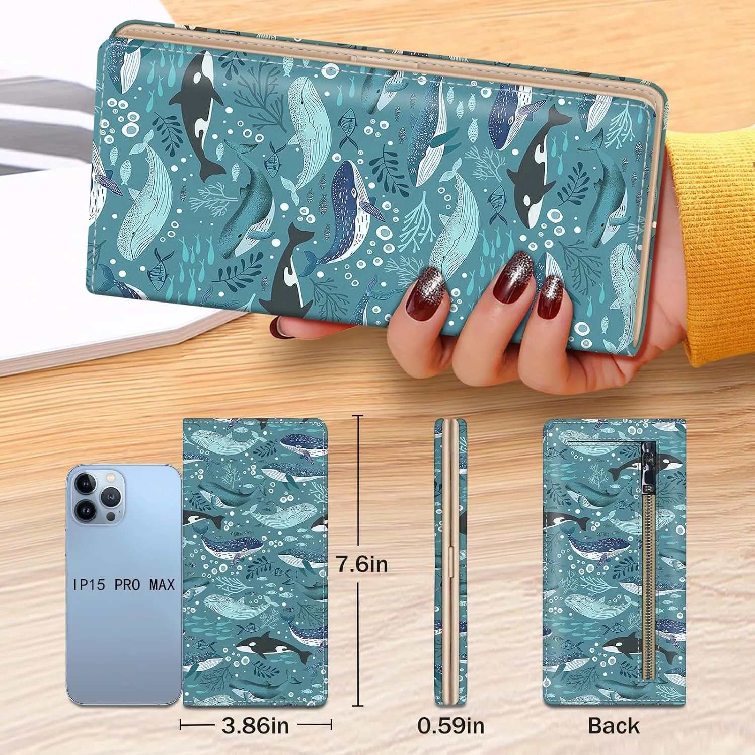 Immaturus Womens Wallet, Dolphins Whales Slim Thin RFID Blocking Credit Card Wallets, Long Bifold PU Leather Card Holder Organizer, Cute Cash Clutch Billfold with Zipper Coin Pocket Ladies Girls Gift