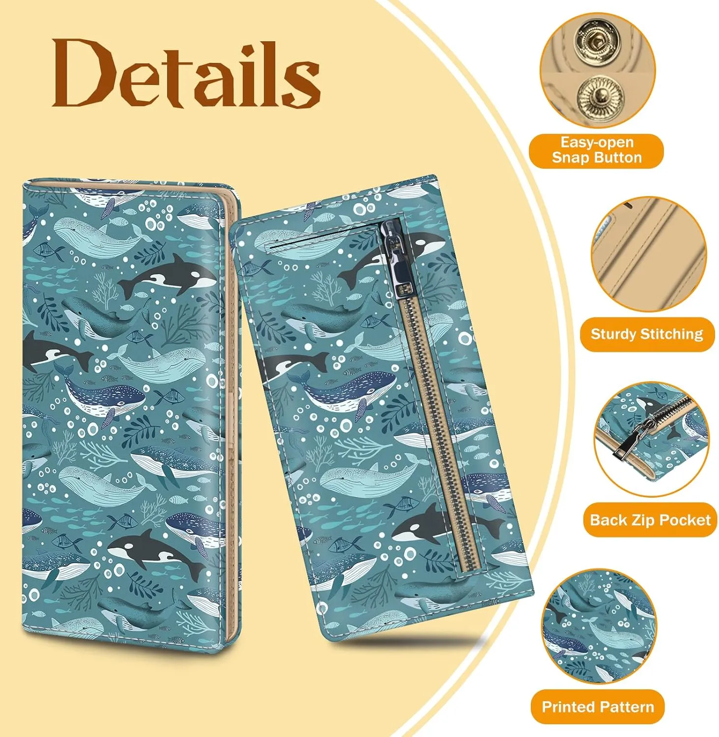 Immaturus Womens Wallet, Dolphins Whales Slim Thin RFID Blocking Credit Card Wallets, Long Bifold PU Leather Card Holder Organizer, Cute Cash Clutch Billfold with Zipper Coin Pocket Ladies Girls Gift