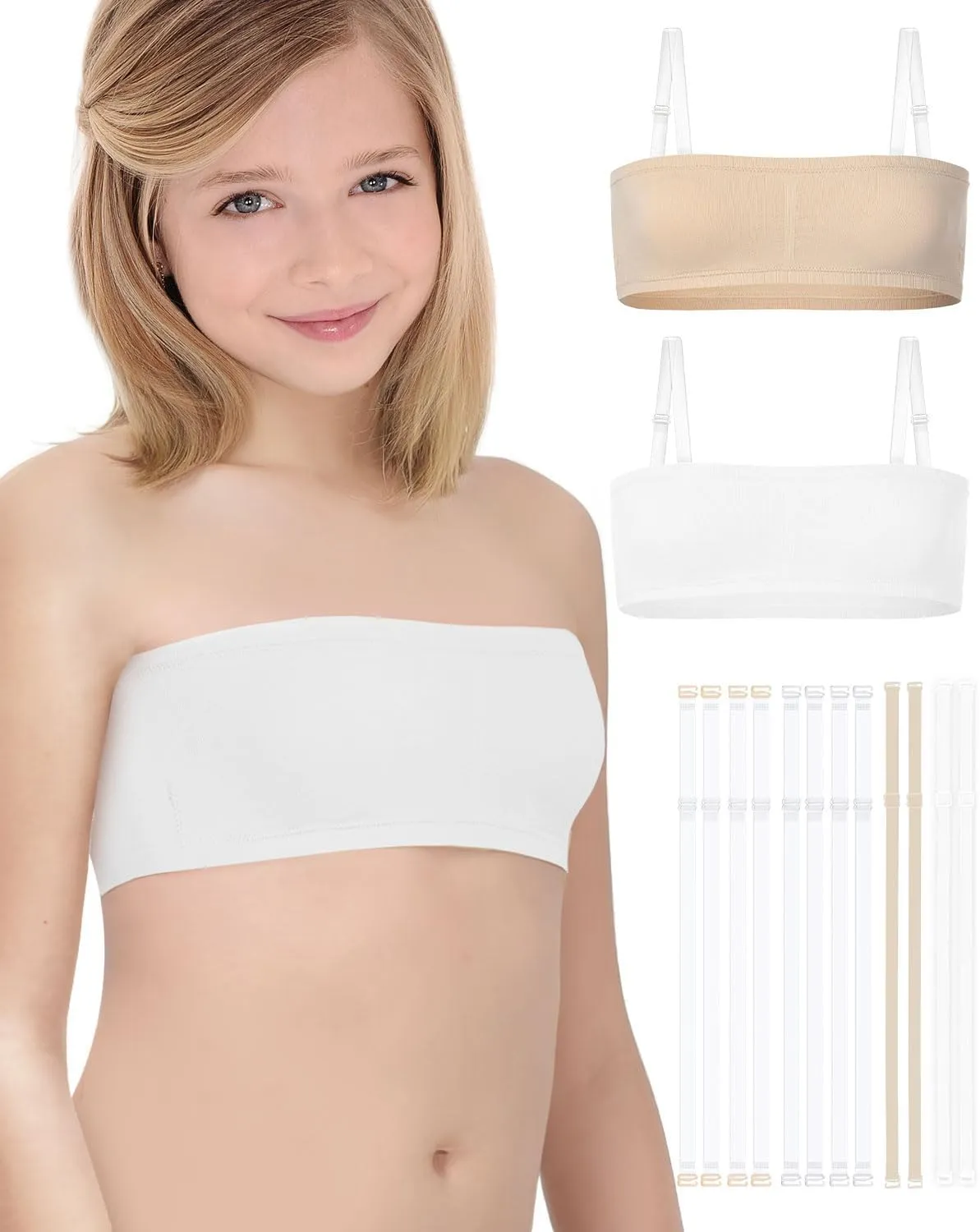 iMucci Girls Bandeau Bra Seamless Clear Strap Training Bras for Girls Sports Tube Top with Adjustable Clear Straps 7-16Y