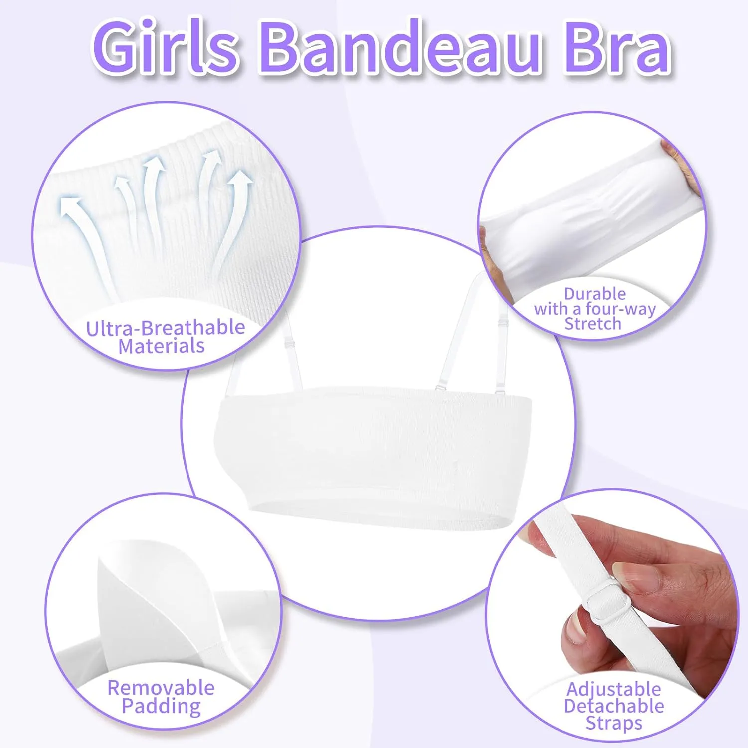 iMucci Girls Bandeau Bra Seamless Clear Strap Training Bras for Girls Sports Tube Top with Adjustable Clear Straps 7-16Y