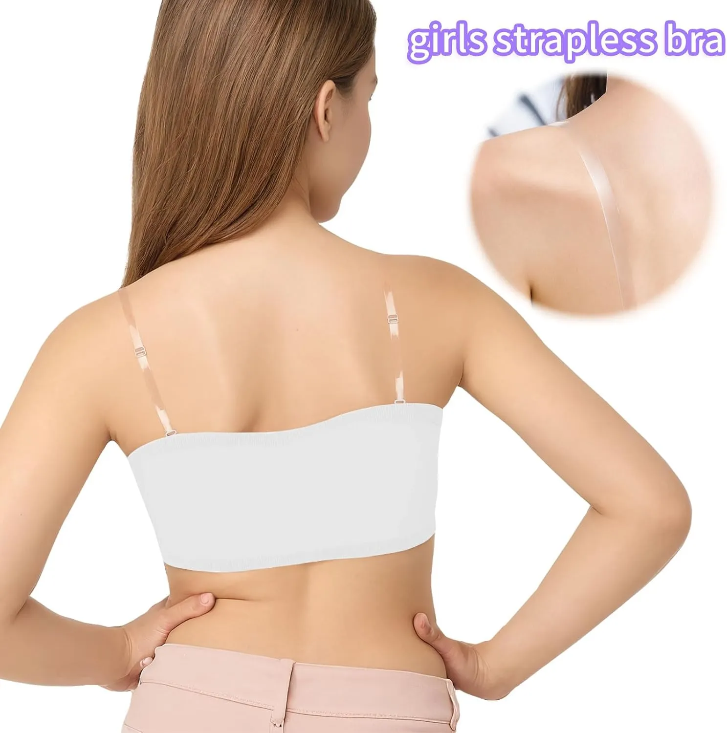 iMucci Girls Bandeau Bra Seamless Clear Strap Training Bras for Girls Sports Tube Top with Adjustable Clear Straps 7-16Y