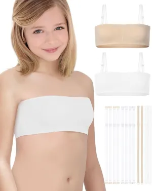 iMucci Girls Bandeau Bra Seamless Clear Strap Training Bras for Girls Sports Tube Top with Adjustable Clear Straps 7-16Y