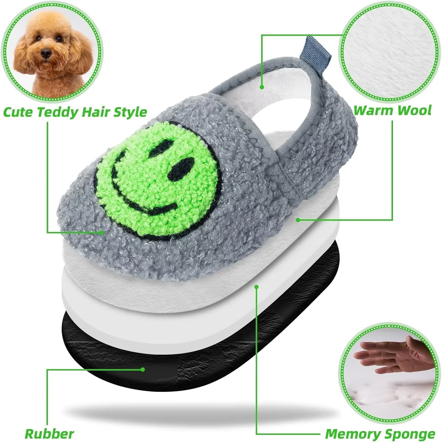 KEYUSHOP Smile Face Toddler Kids Slippers - Cute Soft Plush Non-Slip Rubber Sole Socks Shoes - Warm, Lightweight, Outdoor Walking Shoes