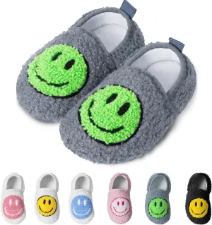 KEYUSHOP Smile Face Toddler Kids Slippers - Cute Soft Plush Non-Slip Rubber Sole Socks Shoes - Warm, Lightweight, Outdoor Walking Shoes
