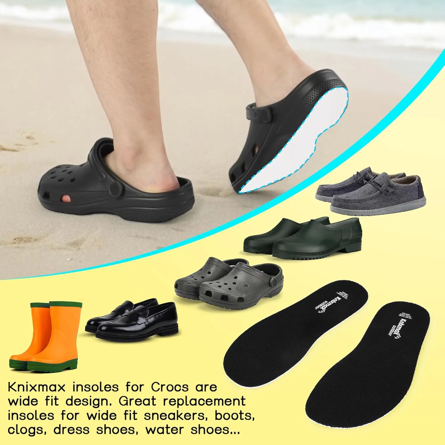 Knixmax 2 Pairs Insoles for Crocs Clog, Comfort Thin Replacement Innersoles for Men Women, Wide Fit Shoe Inserts for Garden Shoes Sneakers Flats Water Sandals Nurse Clogs