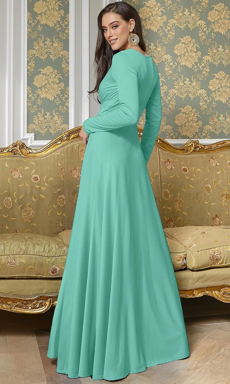 KOH KOH Womens Long Sleeve Flowy Empire Waist Fall Winter Party Gown