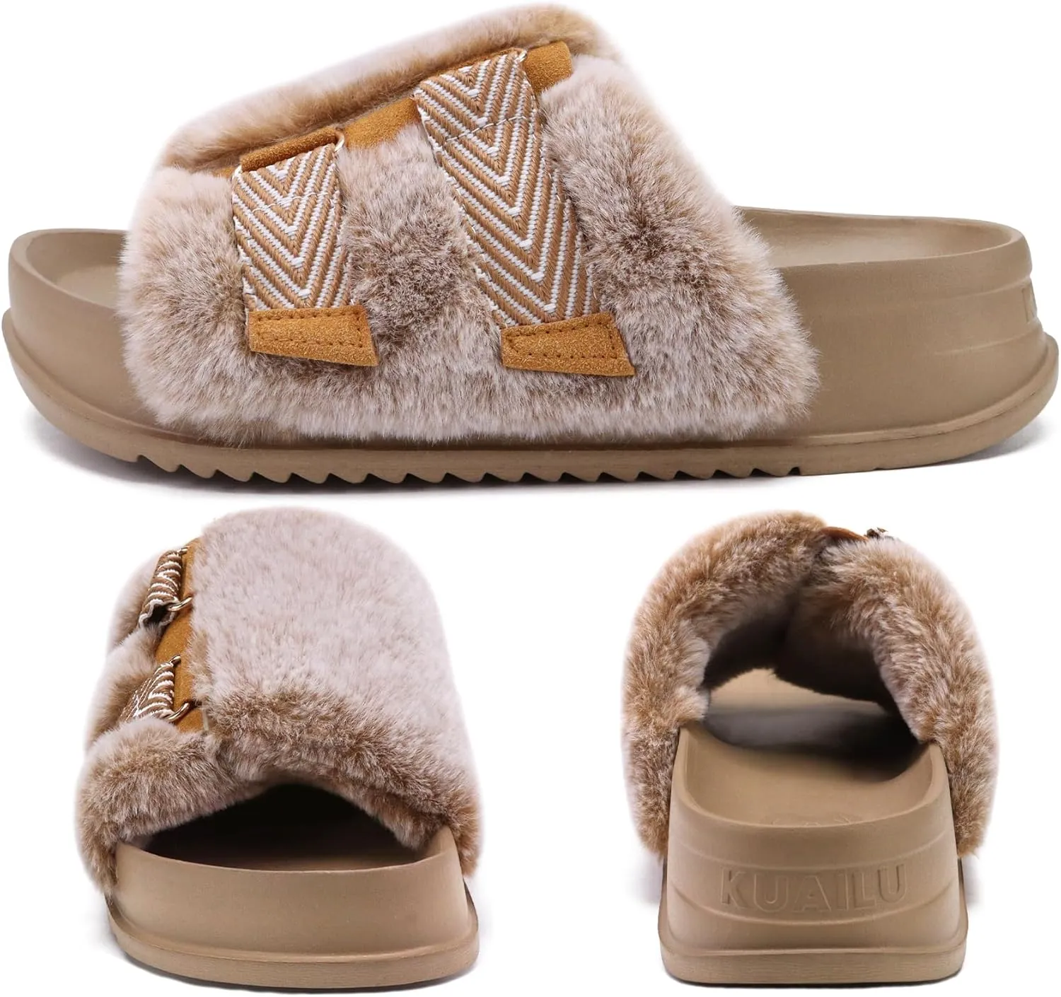 KuaiLu Women's Orthotic Slippers With Arch Support Soft Cushion Sandal Slippers for Woman Ladies Fashion Open Toe Faux Fur Platform Slipper Indoor Outdoor Size 6~12