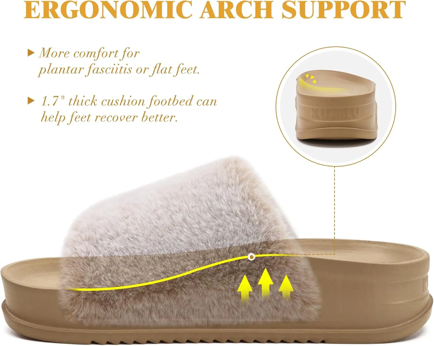 KuaiLu Women's Orthotic Slippers With Arch Support Soft Cushion Sandal Slippers for Woman Ladies Fashion Open Toe Faux Fur Platform Slipper Indoor Outdoor Size 6~12