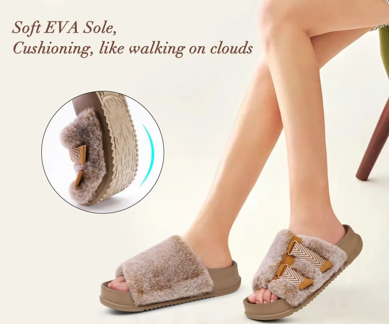 KuaiLu Women's Orthotic Slippers With Arch Support Soft Cushion Sandal Slippers for Woman Ladies Fashion Open Toe Faux Fur Platform Slipper Indoor Outdoor Size 6~12