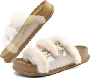 KuaiLu Women's Orthotic Slippers With Arch Support Soft Cushion Sandal Slippers for Woman Ladies Fashion Open Toe Faux Fur Platform Slipper Indoor Outdoor Size 6~12