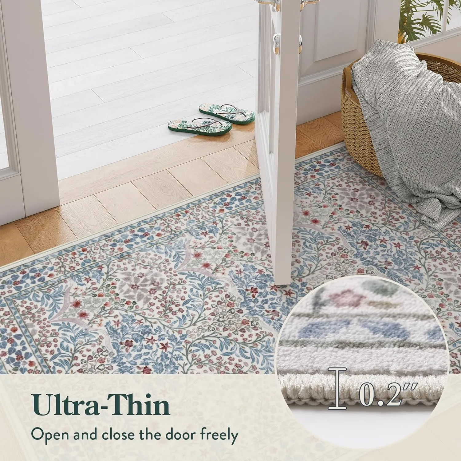 Lahome Floral Washable Kitchen Runner Rug, 2x6 Runners for Hallways Non Slip Ultra-Thin, Boho Soft Hallway Rug Forest Carpet Runners for Bedroom Bathroom Laundry Room, Beige/Blue