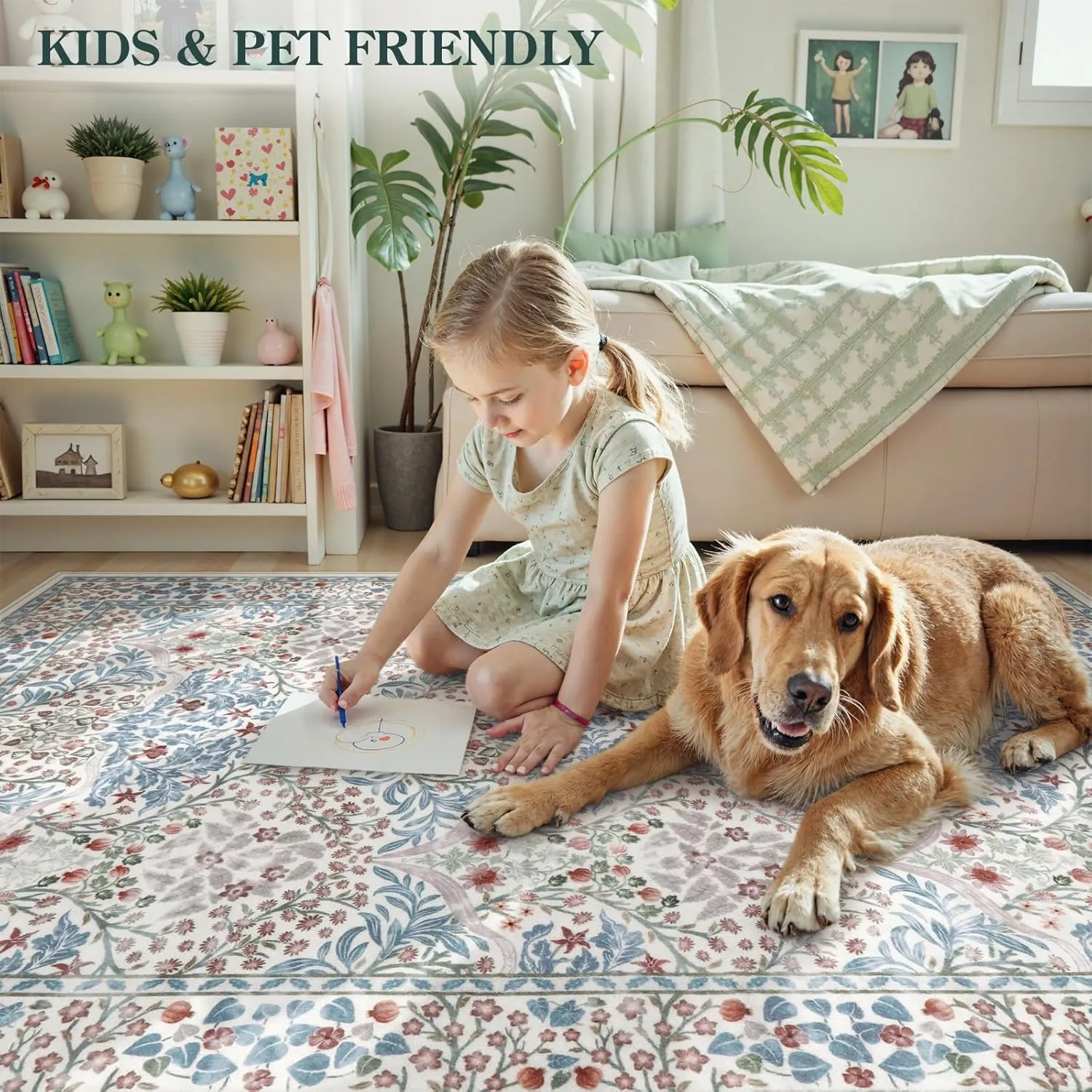 Lahome Floral Washable Kitchen Runner Rug, 2x6 Runners for Hallways Non Slip Ultra-Thin, Boho Soft Hallway Rug Forest Carpet Runners for Bedroom Bathroom Laundry Room, Beige/Blue
