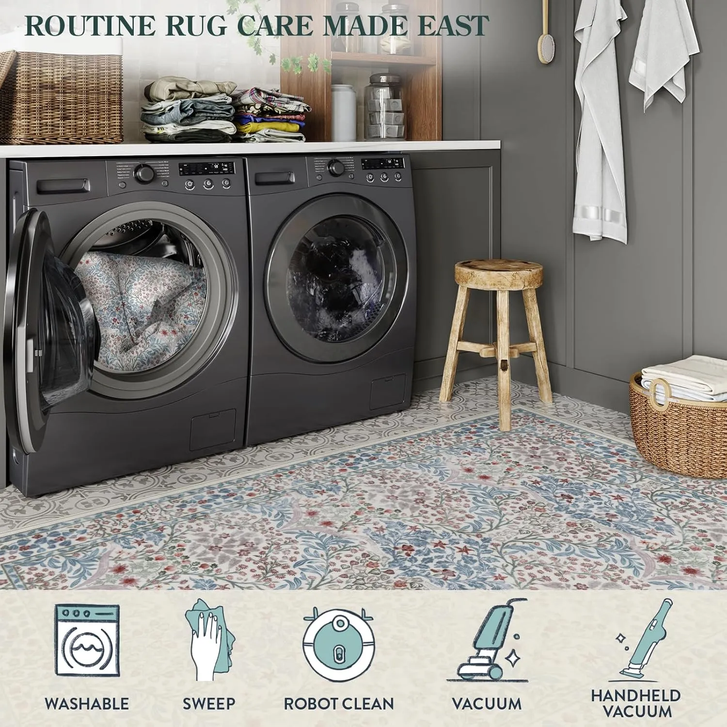 Lahome Floral Washable Kitchen Runner Rug, 2x6 Runners for Hallways Non Slip Ultra-Thin, Boho Soft Hallway Rug Forest Carpet Runners for Bedroom Bathroom Laundry Room, Beige/Blue