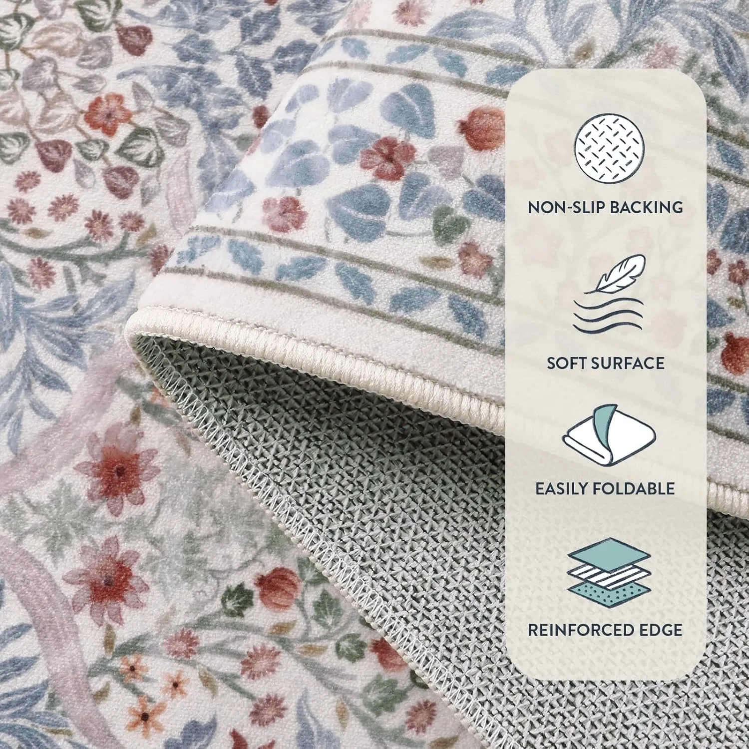 Lahome Floral Washable Kitchen Runner Rug, 2x6 Runners for Hallways Non Slip Ultra-Thin, Boho Soft Hallway Rug Forest Carpet Runners for Bedroom Bathroom Laundry Room, Beige/Blue