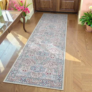 Lahome Floral Washable Kitchen Runner Rug, 2x6 Runners for Hallways Non Slip Ultra-Thin, Boho Soft Hallway Rug Forest Carpet Runners for Bedroom Bathroom Laundry Room, Beige/Blue