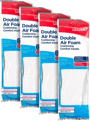 LEADER Double Air Foam Insoles, Keeps Feet Cool & Dry, Extra Thick Dual Layer, for Men & Women, One Size Fits Most, Trim to Size, Unisex, Compare to Dr. Scholls Air-Pillo, 1 Pair - Pack of 4