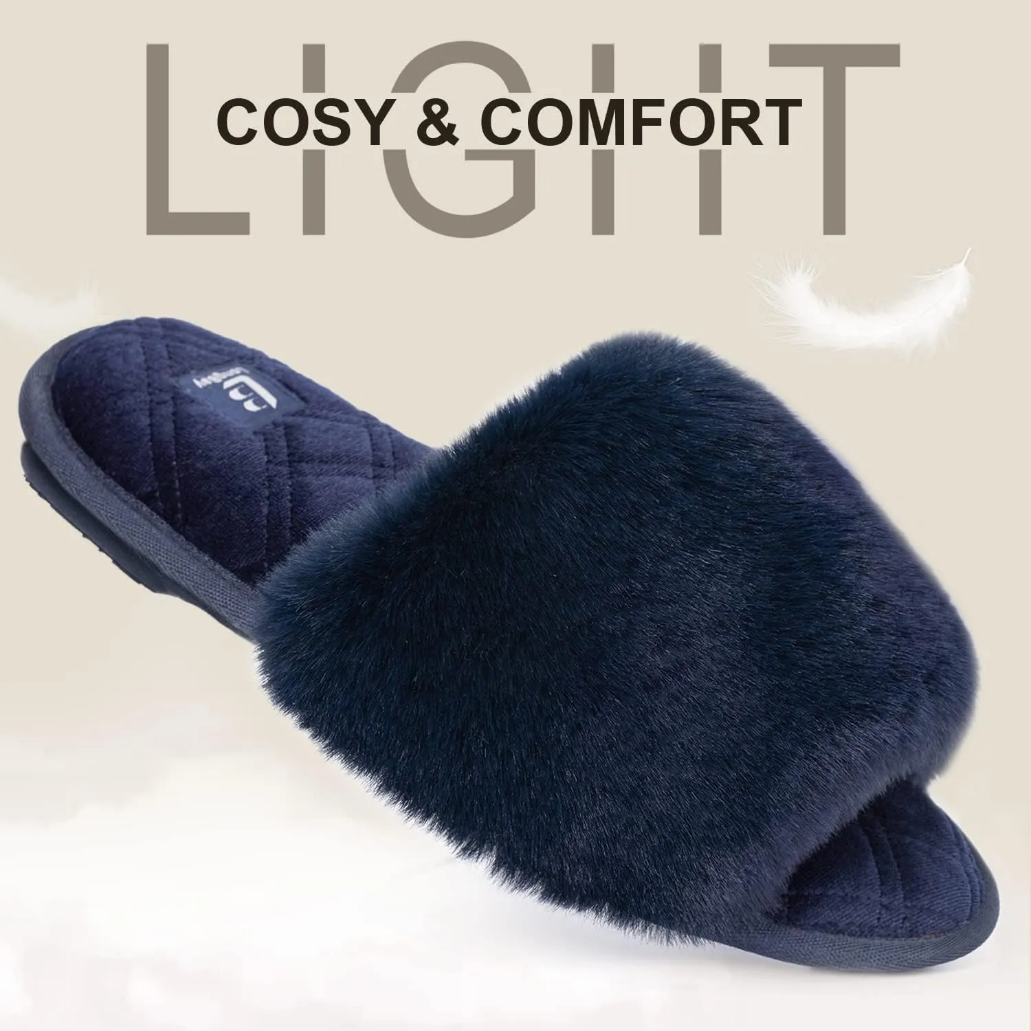 LongBay Women's Fuzzy Faux Fur Memory Foam Cozy Flat Spa Slide Slippers Comfy Open Toe Slip On House Shoes Sandals