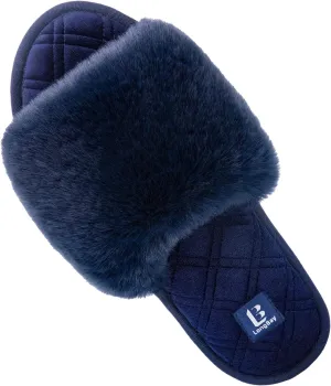 LongBay Women's Fuzzy Faux Fur Memory Foam Cozy Flat Spa Slide Slippers Comfy Open Toe Slip On House Shoes Sandals