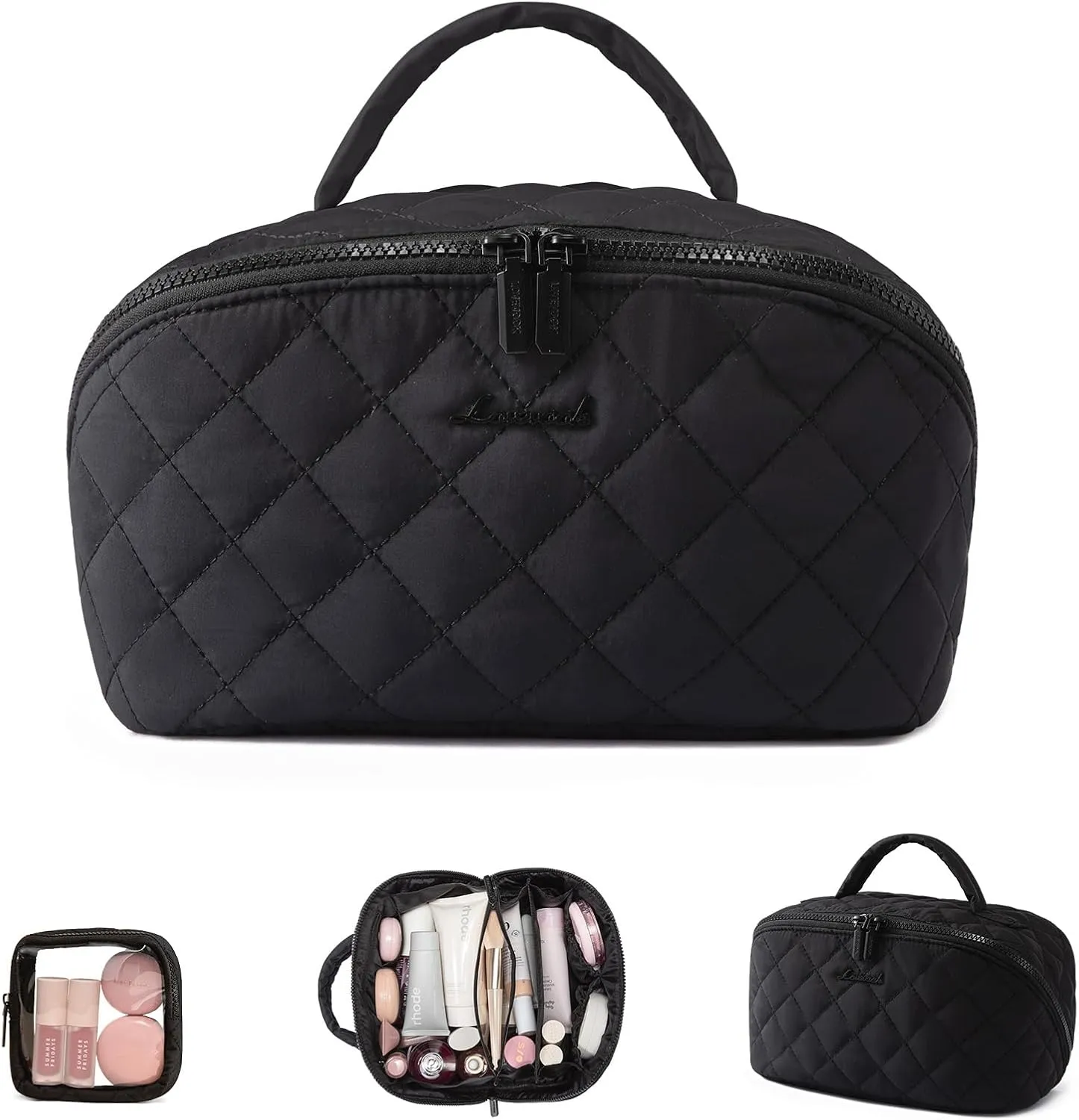 LOVEVOOK Travel Makeup Bag for Women, 2Pcs Set Puffer Waterproof Cosmetic Organizer, Large Capacity Pouch Open Flat Toiletry Bag with Divider & Handle, Portable Gift for Her, Black