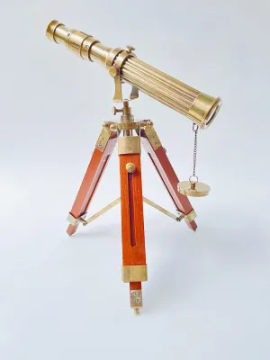 Malla Inc. Nautical 10" Brass Antique Brown Working Telescope with Wooden Tripod Stand - Marine Spyglass Telescope