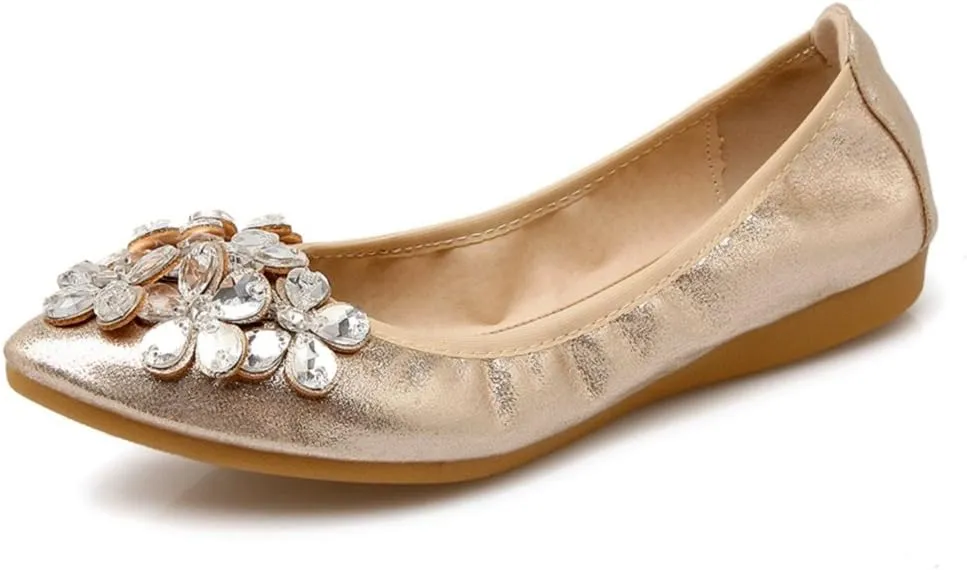 Meeshine Womens Foldable Soft Pointed Toe Ballet Flats Rhinestone Comfort Slip on Flat Shoes