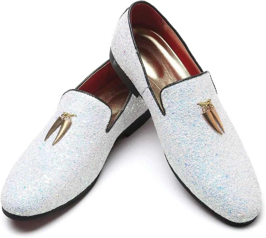 Mens Smoking Glitter Slipper, Luxury Penny Slip-On Classic Party Wedding Tuxedo Loafers Sparkle Dress Shoes