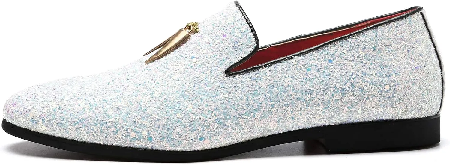 Mens Smoking Glitter Slipper, Luxury Penny Slip-On Classic Party Wedding Tuxedo Loafers Sparkle Dress Shoes