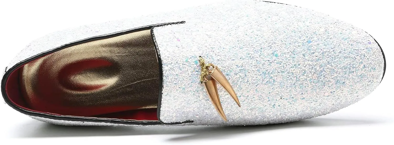 Mens Smoking Glitter Slipper, Luxury Penny Slip-On Classic Party Wedding Tuxedo Loafers Sparkle Dress Shoes