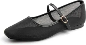 Mesh Ballet Flats Square Toe Mary Jane Flats Buckle Women Comfy Causal Dress Shoes