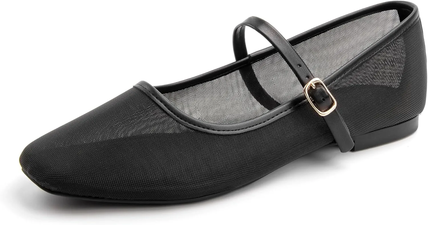 Mesh Ballet Flats Square Toe Mary Jane Flats Buckle Women Comfy Causal Dress Shoes
