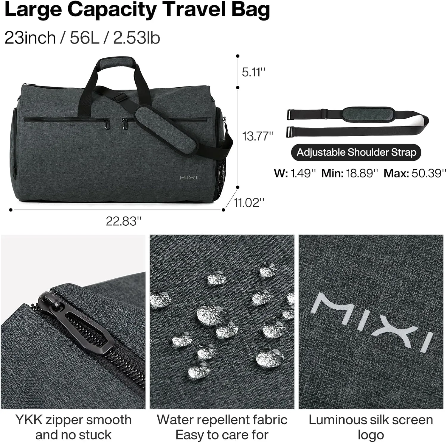 mixi Carry On Garment Bag for Travel 56L Convertible Duffle Bag for Men Women 2 in 1 Hanging Luggage Suitcase Dress Suit Travel Bag with Shoes Pouch, Rock Gray