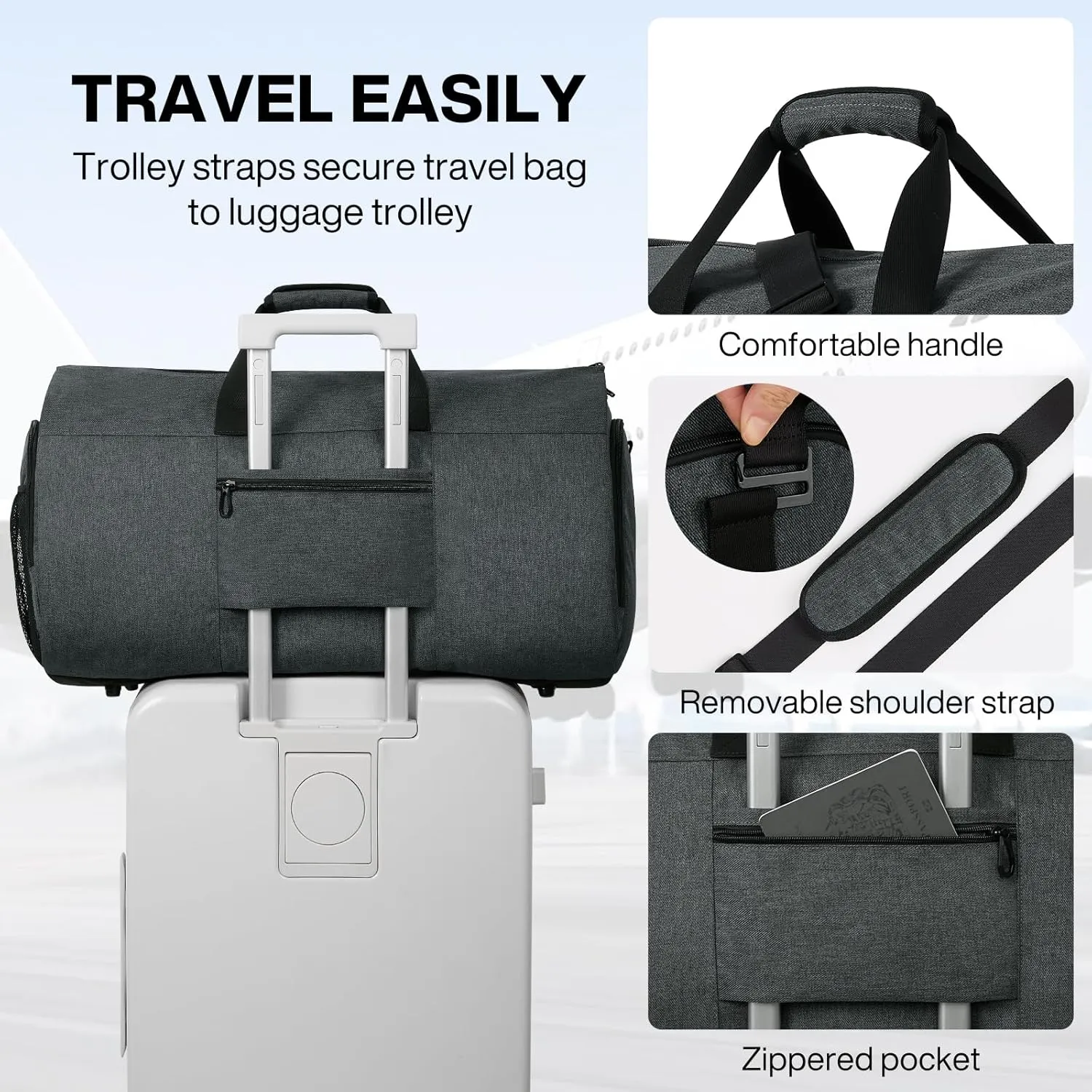 mixi Carry On Garment Bag for Travel 56L Convertible Duffle Bag for Men Women 2 in 1 Hanging Luggage Suitcase Dress Suit Travel Bag with Shoes Pouch, Rock Gray