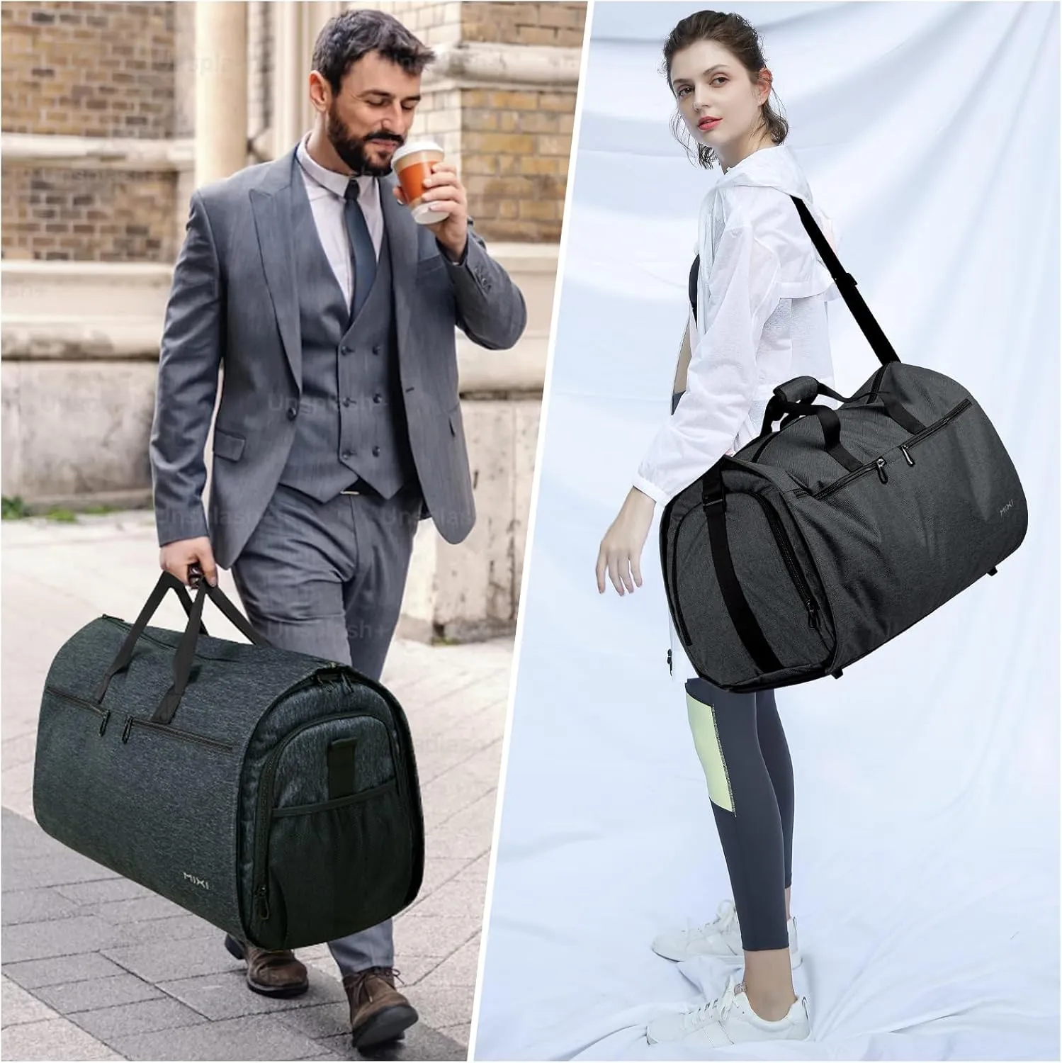 mixi Carry On Garment Bag for Travel 56L Convertible Duffle Bag for Men Women 2 in 1 Hanging Luggage Suitcase Dress Suit Travel Bag with Shoes Pouch, Rock Gray