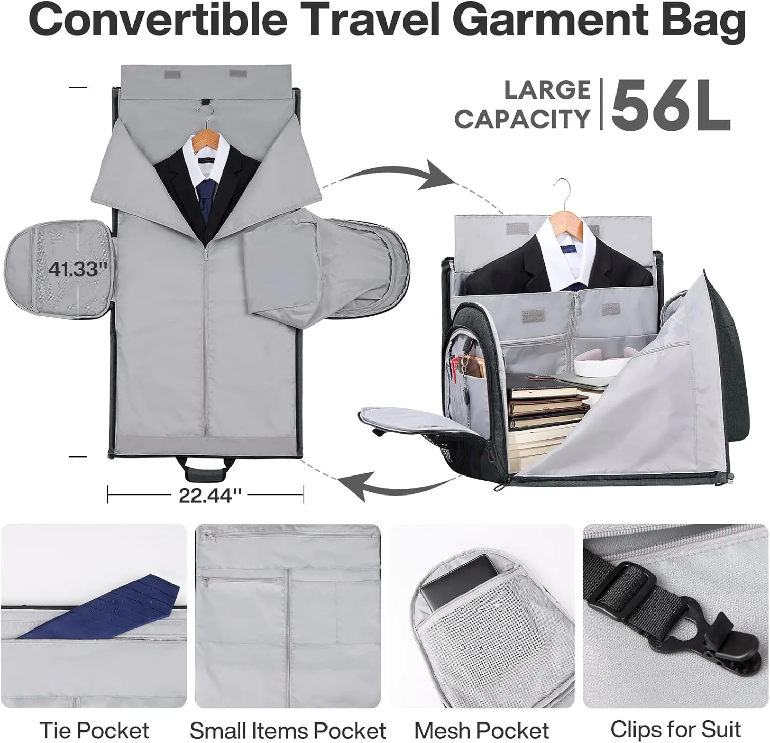 mixi Carry On Garment Bag for Travel 56L Convertible Duffle Bag for Men Women 2 in 1 Hanging Luggage Suitcase Dress Suit Travel Bag with Shoes Pouch, Rock Gray