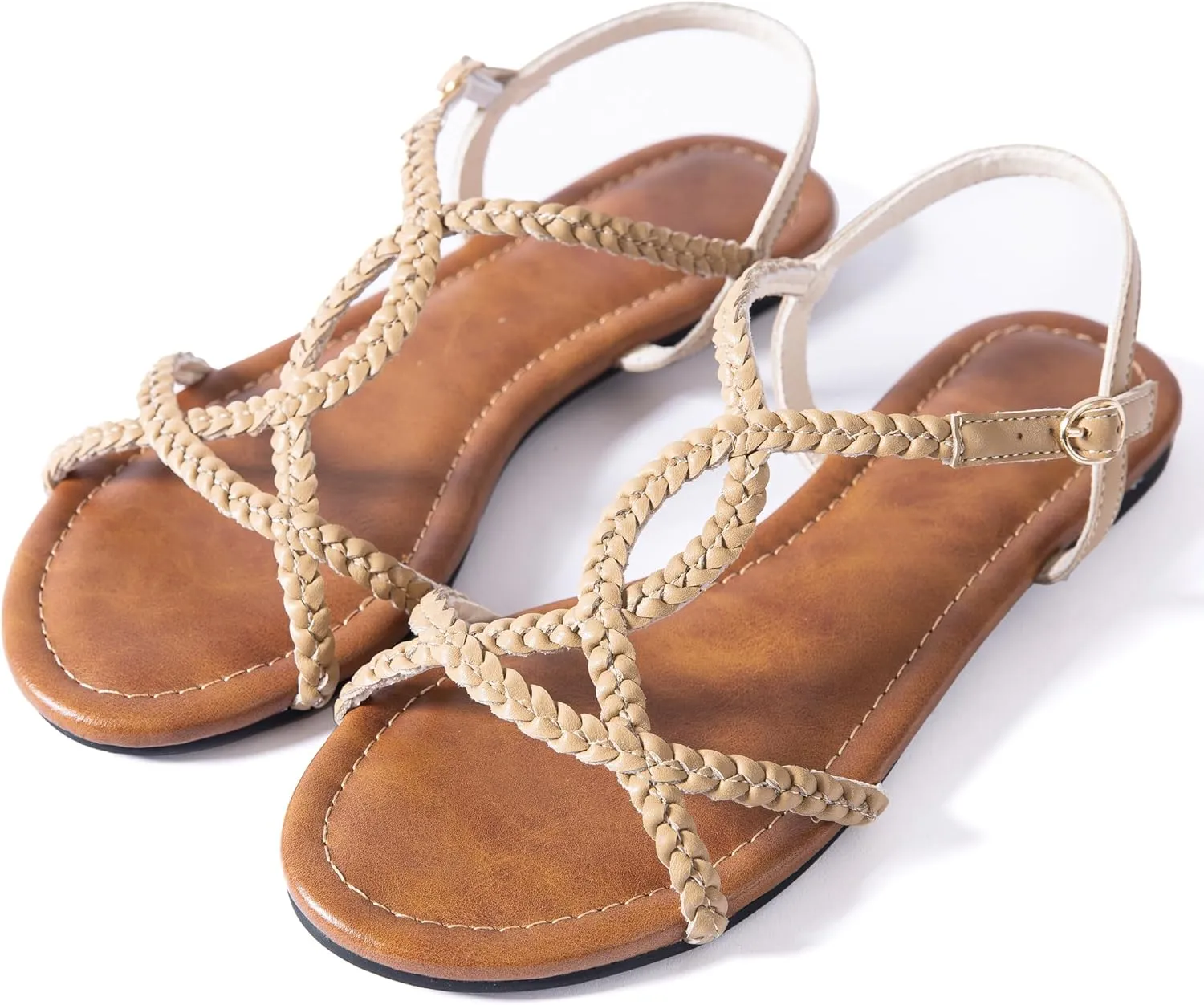 Mtzyoa Women Strappy Flat Sandals Gladiator Dressy Ankle Strap Summer Vacation Comfort Leather Ladies Casual Party Trendy